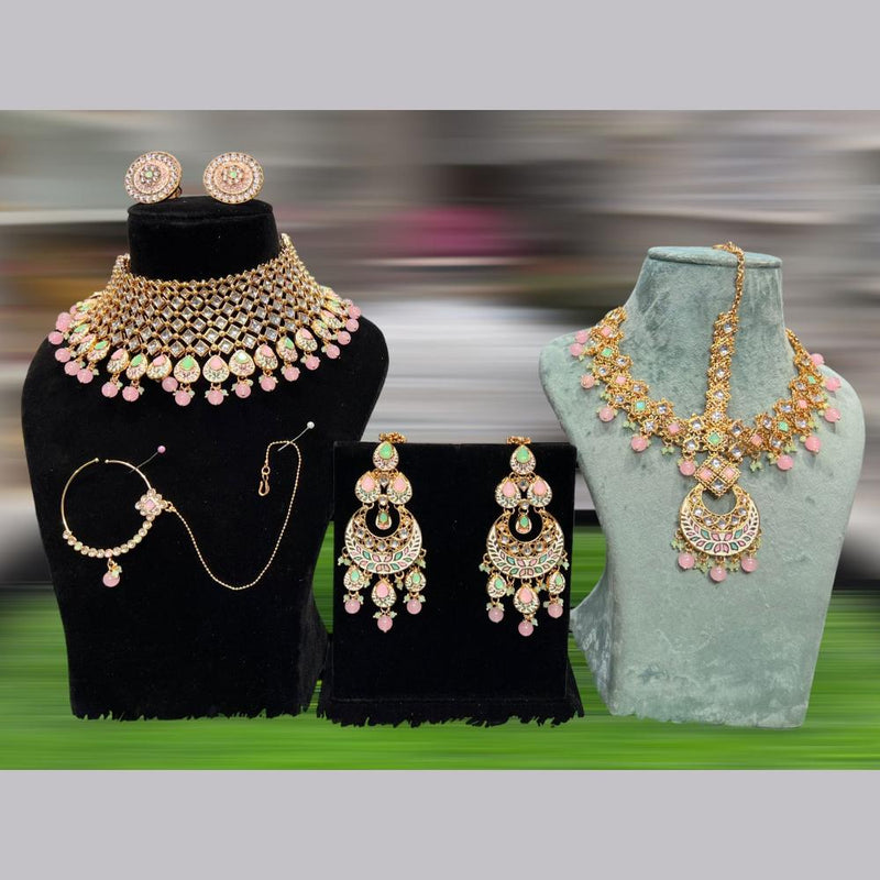 Hira Collections Gold Plated Kundan Stone Semi Bridal Necklace Set