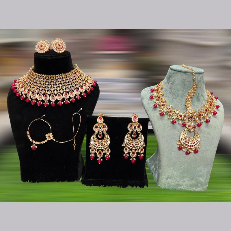 Hira Collections Gold Plated Kundan Stone Semi Bridal Necklace Set