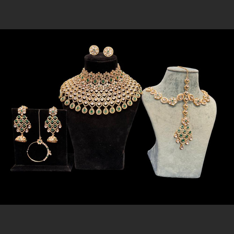 Hira Collections Gold Plated Kundan Stone Semi Bridal Necklace Set