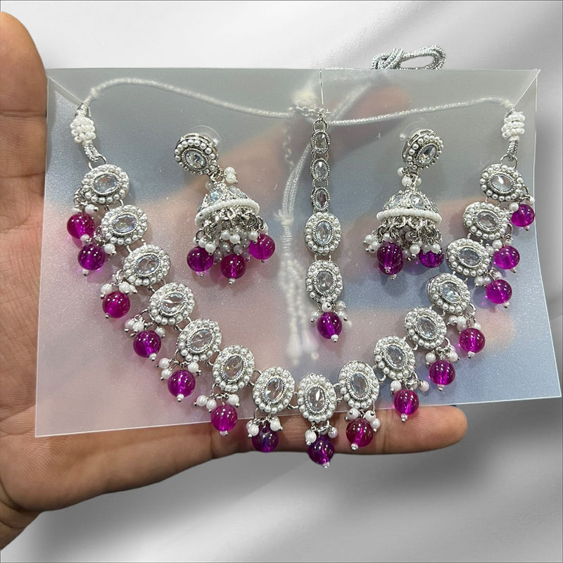 Hira Collections Silver Plated Crystal Stone And Beads Necklace Set