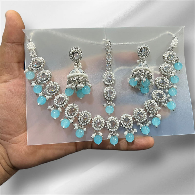 Hira Collections Silver Plated Crystal Stone And Beads Necklace Set