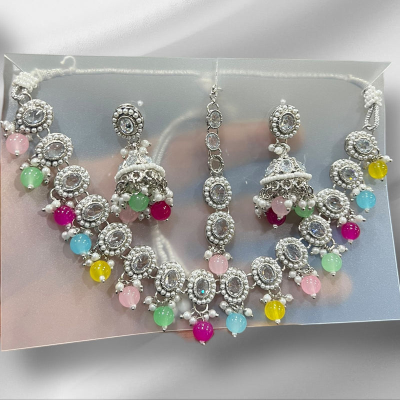 Hira Collections Silver Plated Crystal Stone And Beads Necklace Set