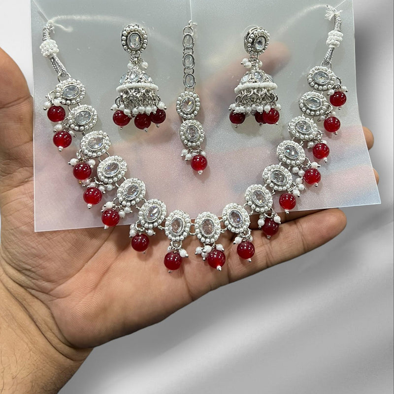 Hira Collections Silver Plated Crystal Stone And Beads Necklace Set