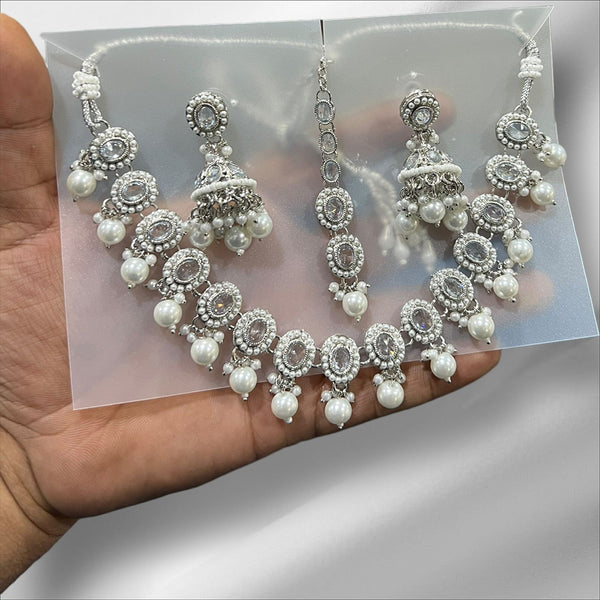 Hira Collections Silver Plated Crystal Stone And Beads Necklace Set