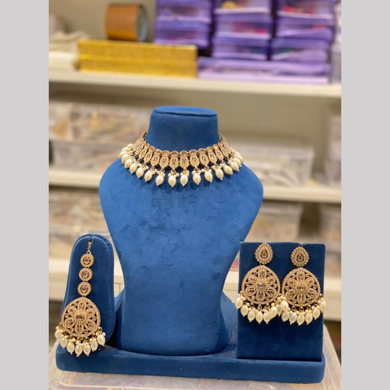 Hira Collections Gold Plated Kundan Stone And Pearls Choker Necklace Set