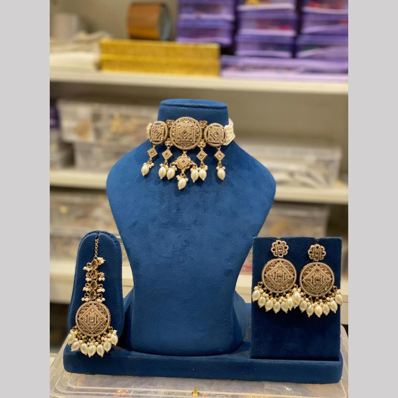 Hira Collections Gold Plated Kundan Stone And Pearls Choker Necklace Set