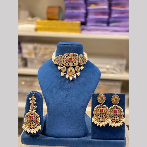 Hira Collections Gold Plated Kundan Stone And Pearls Choker Necklace Set