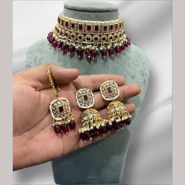 Hira Collections Gold Plated Kundan Stone And Beads Choker Necklace Set