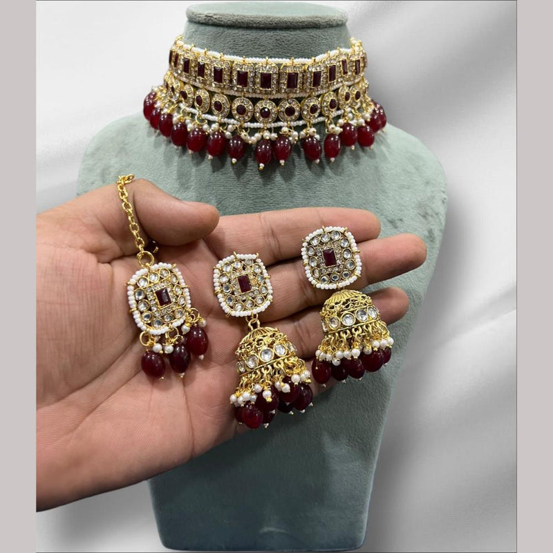 Hira Collections Gold Plated Kundan Stone And Beads Choker Necklace Set