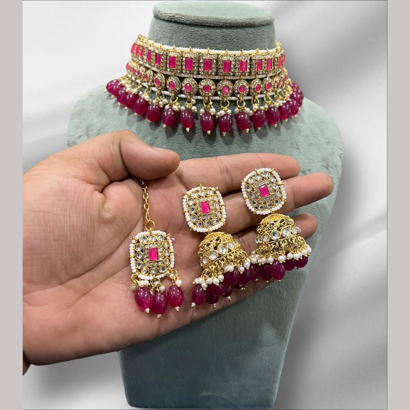 Hira Collections Gold Plated Kundan Stone And Beads Choker Necklace Set