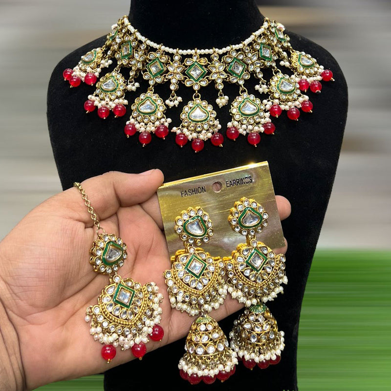 Hira Collections Gold Plated Kundan Stone And Beads Choker Necklace Set