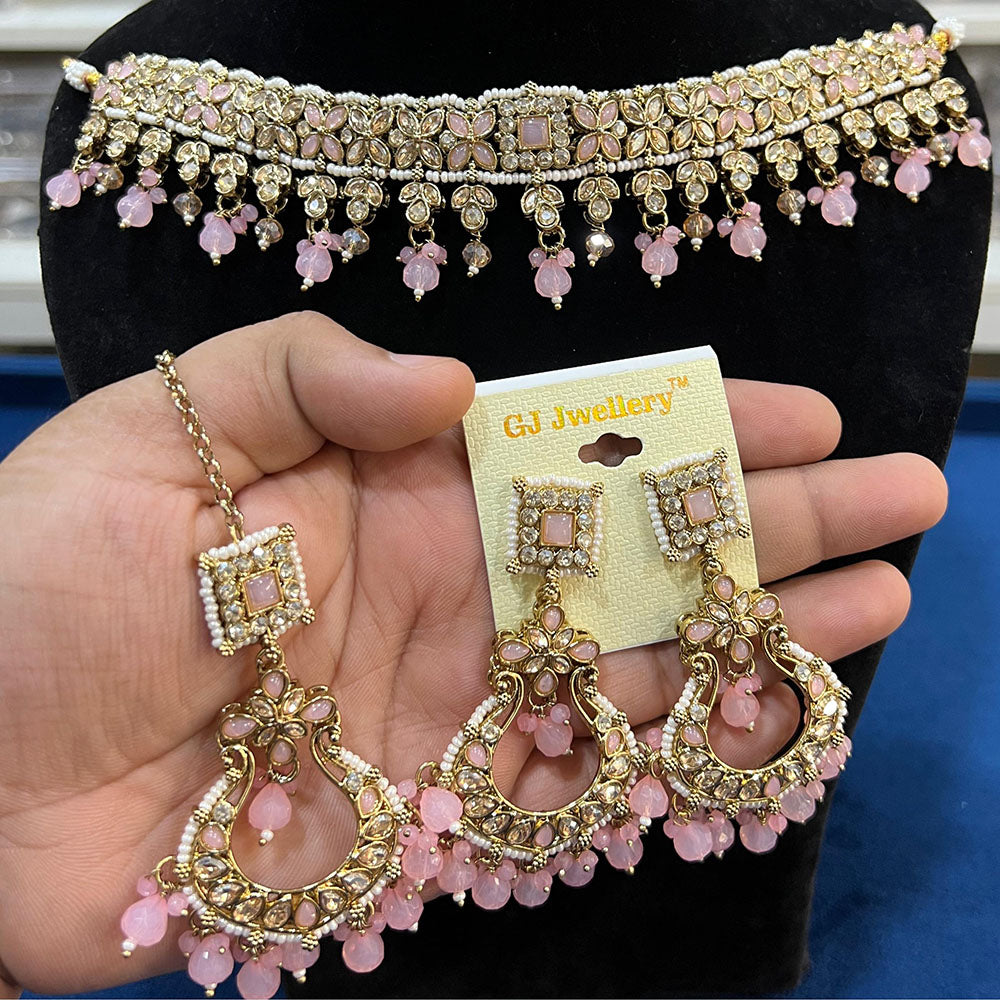 Hira Collections Gold Plated Crystal Stone And Pearls Necklace Set
