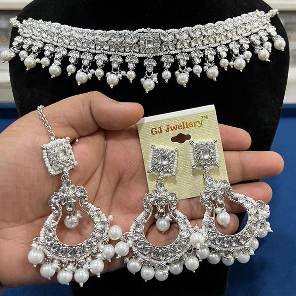 Hira Collections Silver Plated Crystal Stone And Pearls Necklace Set