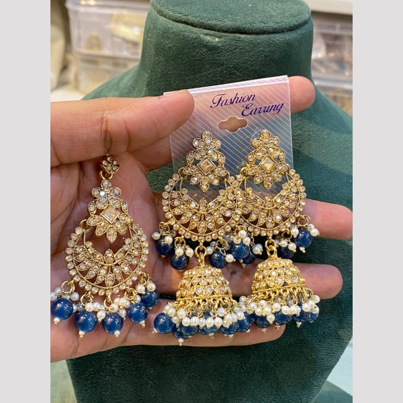 Hira Collections Gold Plated Crystal Stone And Beads Jhumki Earrings With Maangtikka