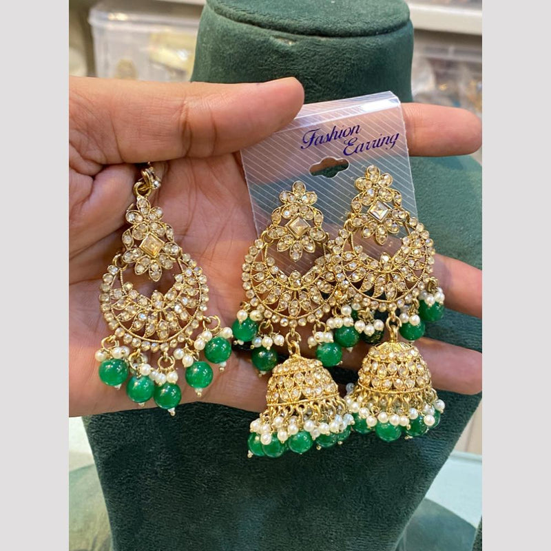 Hira Collections Gold Plated Crystal Stone And Beads Jhumki Earrings With Maangtikka