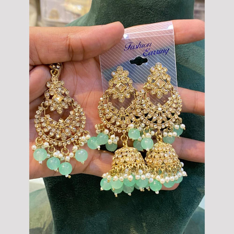 Hira Collections Gold Plated Crystal Stone And Beads Jhumki Earrings With Maangtikka