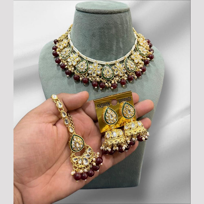 Hira Collections Gold Plated Kundan Stone And Beads Necklace Set