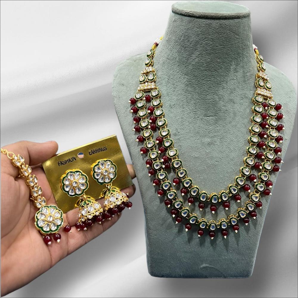 Hira Collections Gold Plated Kundan Stone And Beads Meenakari Necklace Set