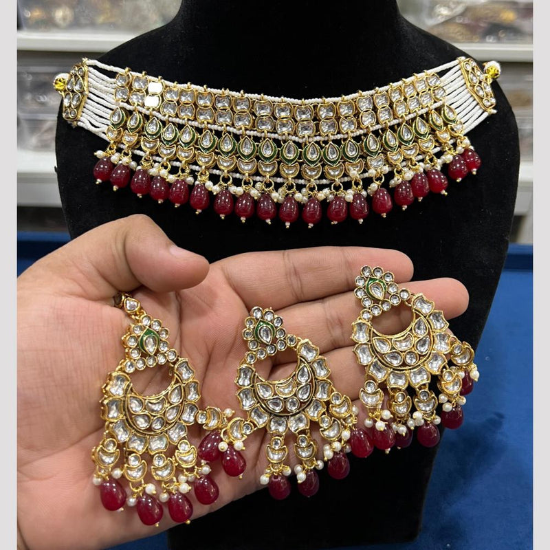 Hira Collections Gold Plated Kundan Stone And Beads Choker Necklace Set