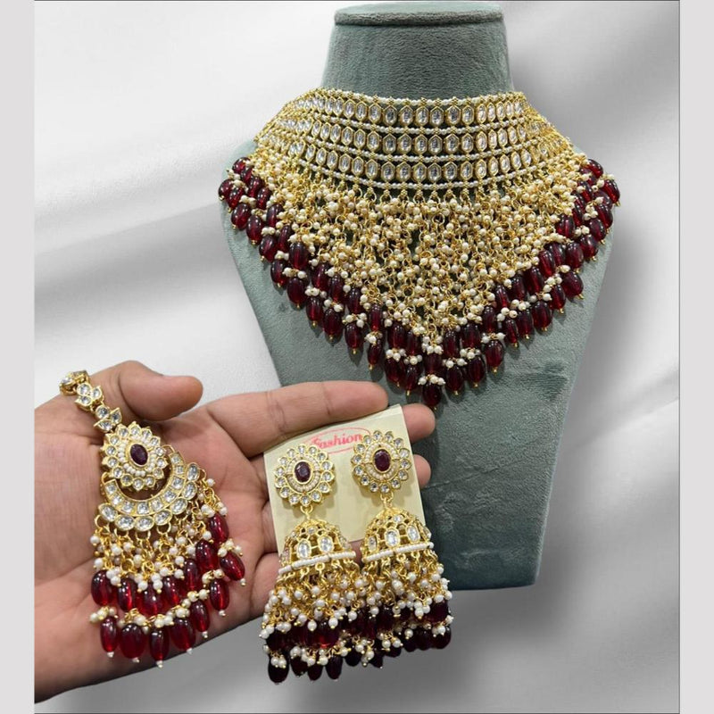 Hira Collections Gold Plated Kundan Stone And Beads Necklace Set