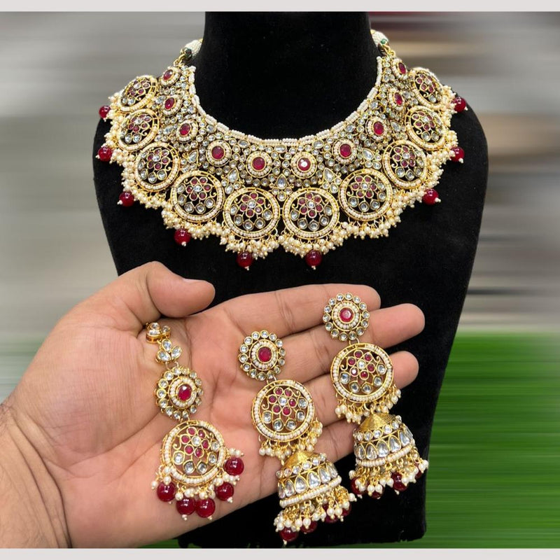 Hira Collections Gold Plated Kundan Stone And Beads Choker Necklace Set