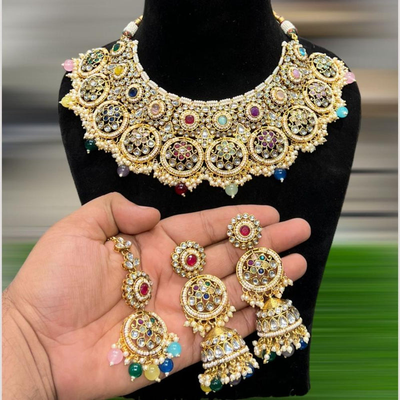 Hira Collections Gold Plated Kundan Stone And Beads Choker Necklace Set