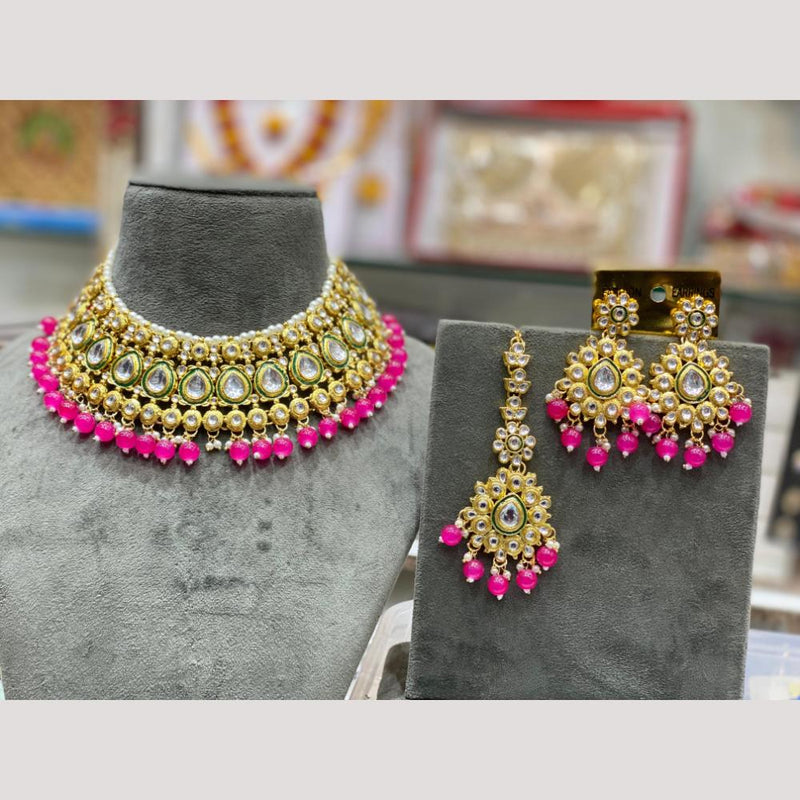 Hira Collections Gold Plated Kundan Stone & Beads Meenakari Choker Necklace Set