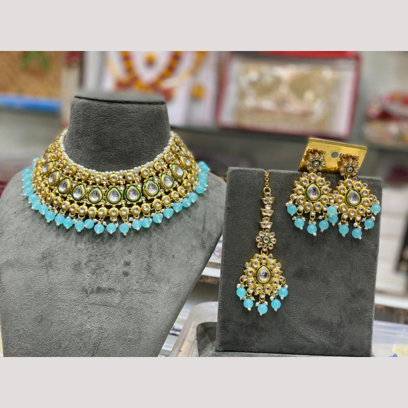 Hira Collections Gold Plated Kundan Stone & Beads Meenakari Choker Necklace Set