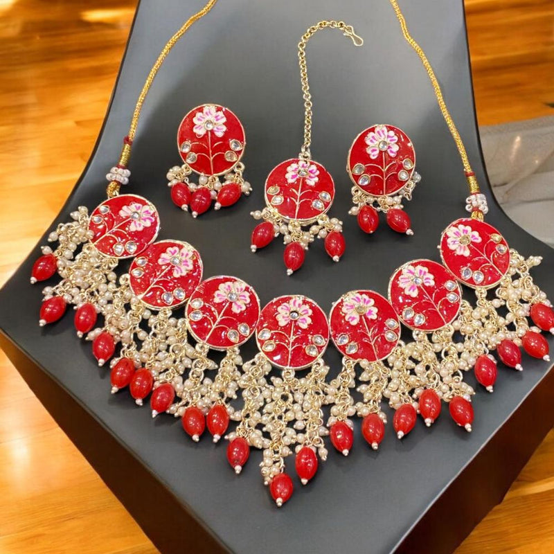 Hira Collections Gold Plated Kundan Stone & Beads Meenakari Choker Necklace Set