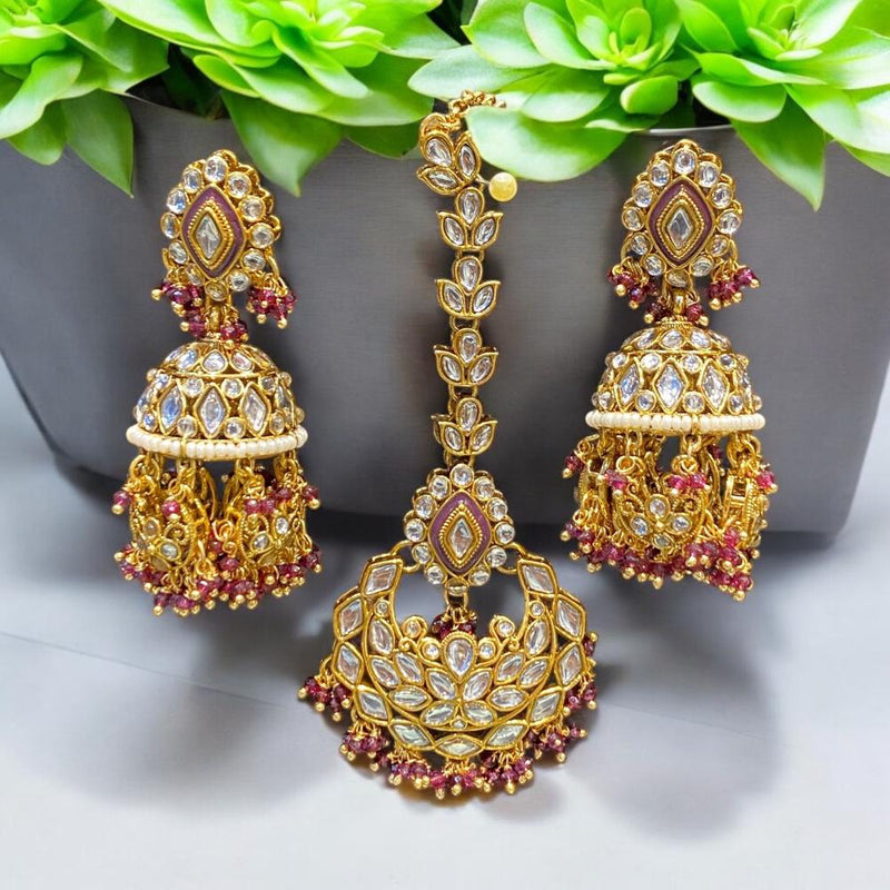 Hira Collections Gold Plated Kundan Stone And Meenakari Dangler Earrings Maangtikka