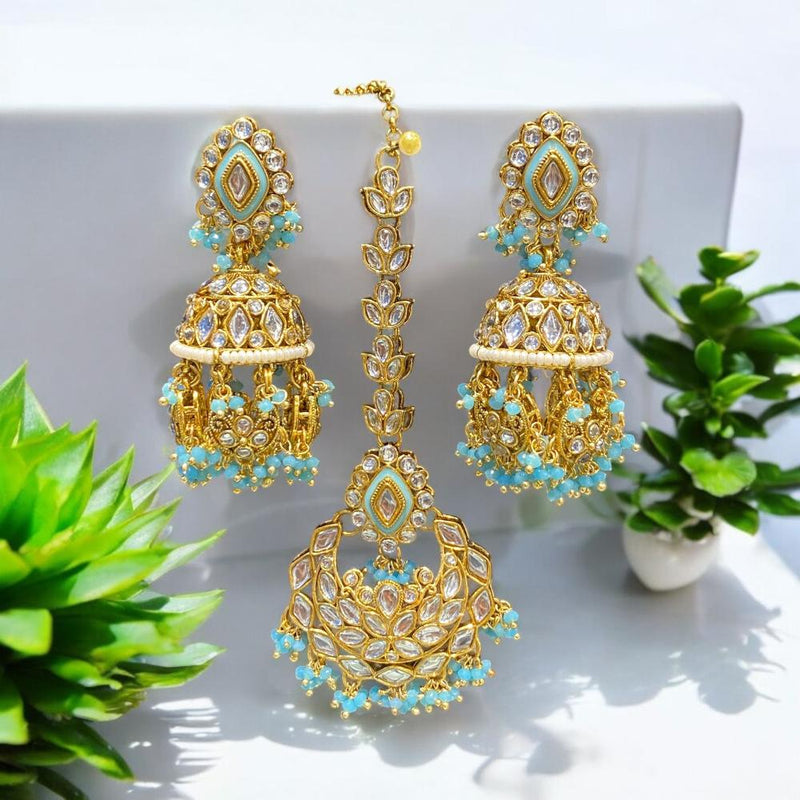 Hira Collections Gold Plated Kundan Stone And Meenakari Dangler Earrings Maangtikka