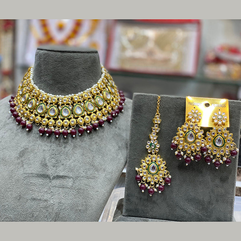 Hira Collections Gold Plated Kundan Stone And Beads Necklace Set