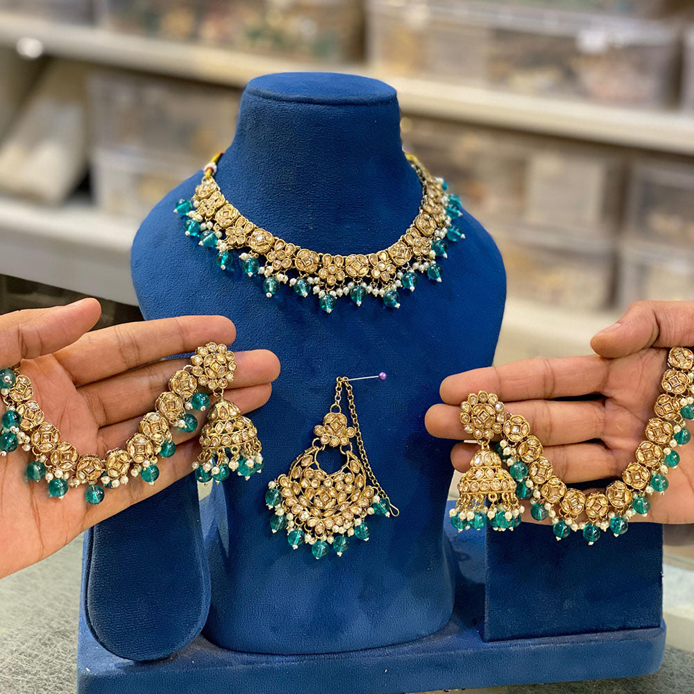 Hira Collections Gold Plated Crystal Stone And Beads Choker Necklace Set