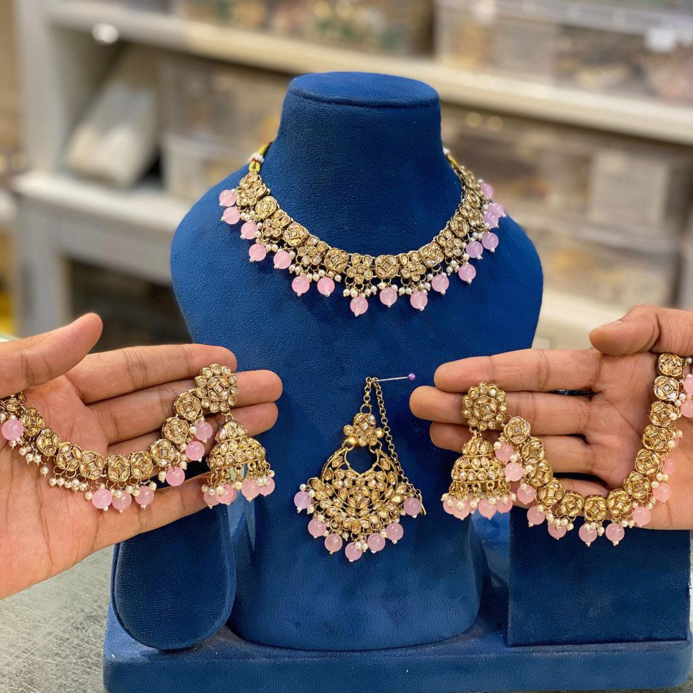 Hira Collections Gold Plated Crystal Stone And Beads Choker Necklace Set