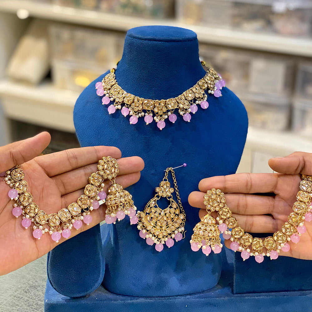 Hira Collections Gold Plated Crystal Stone And Beads Choker Necklace Set