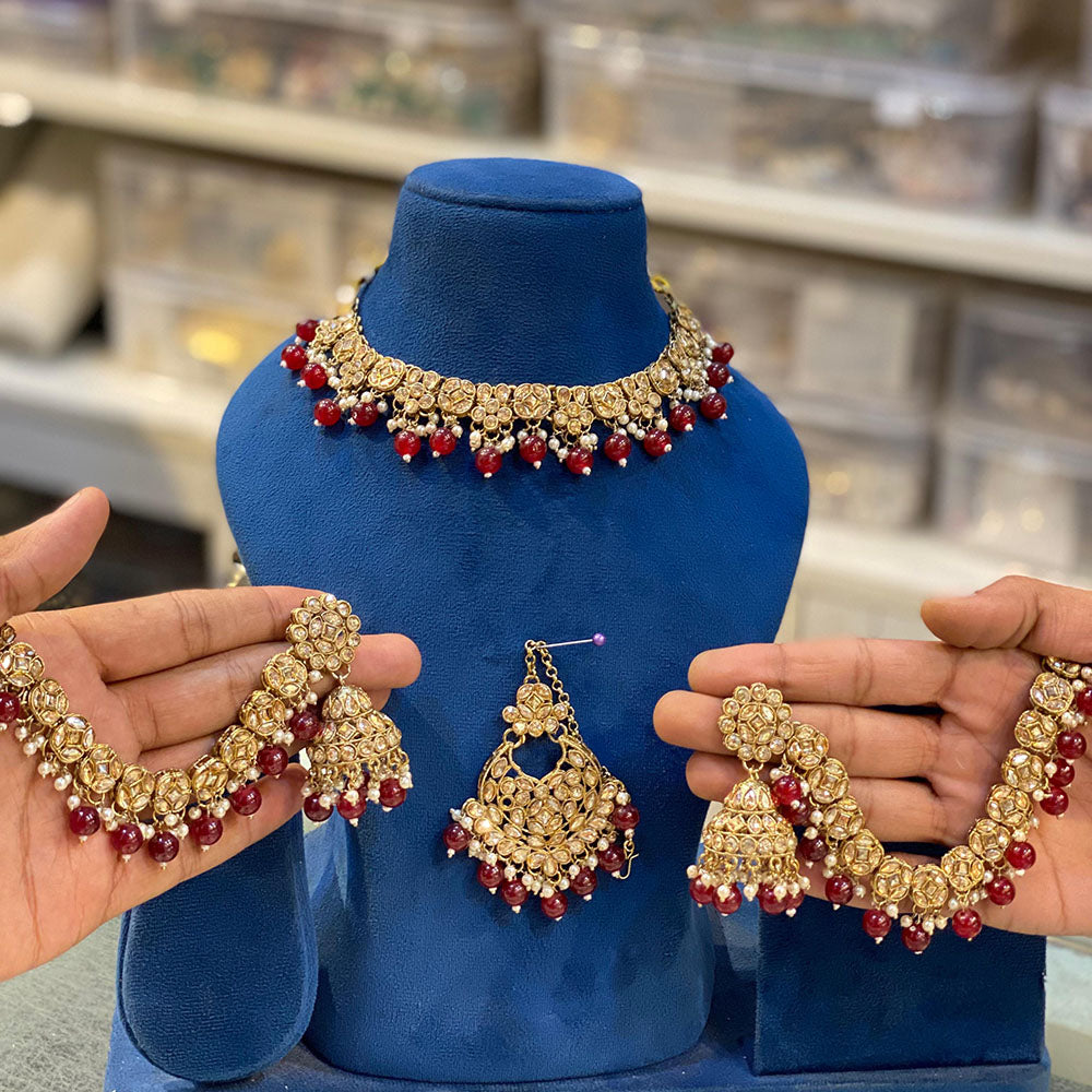 Hira Collections Gold Plated Crystal Stone And Beads Choker Necklace Set