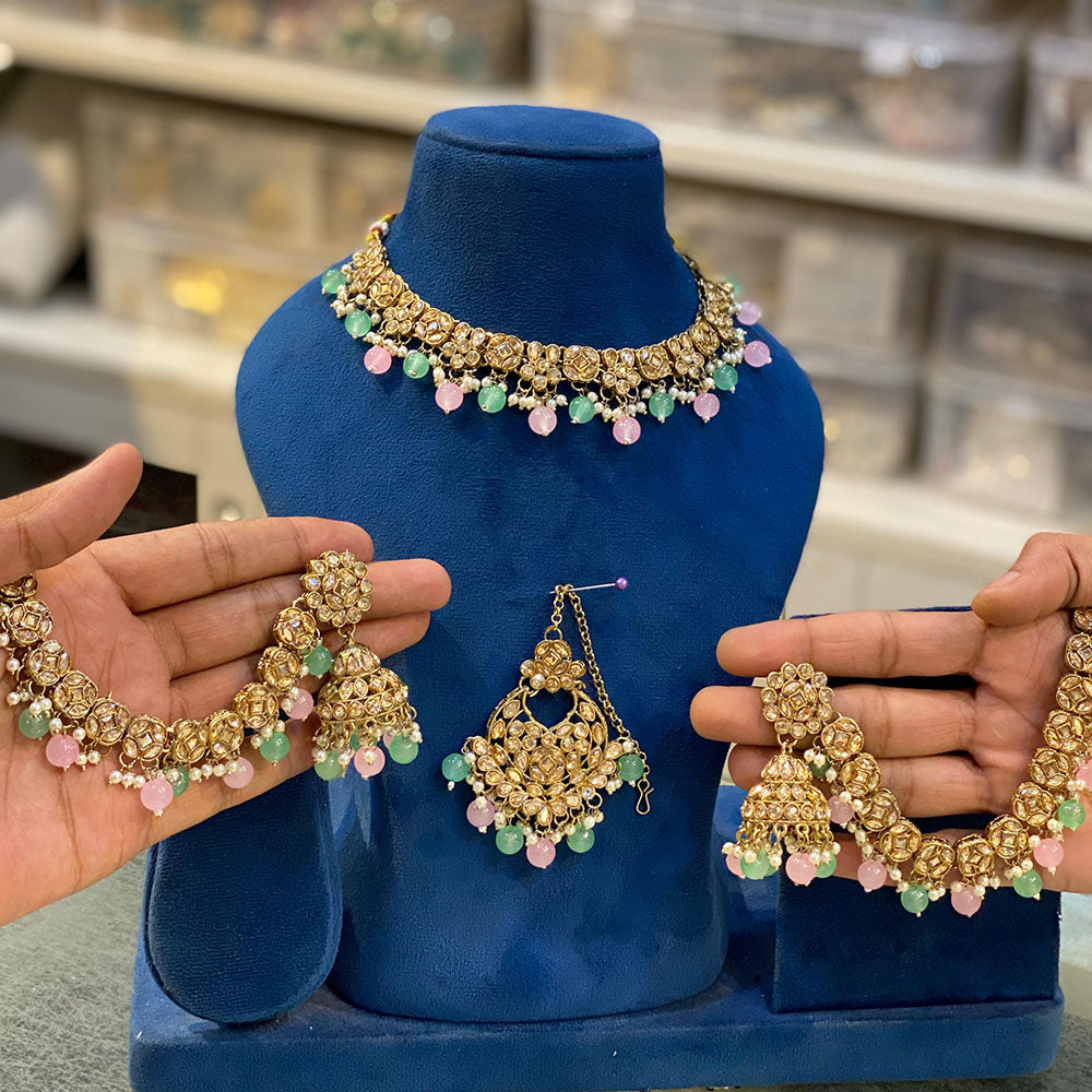 Hira Collections Gold Plated Crystal Stone And Beads Choker Necklace Set