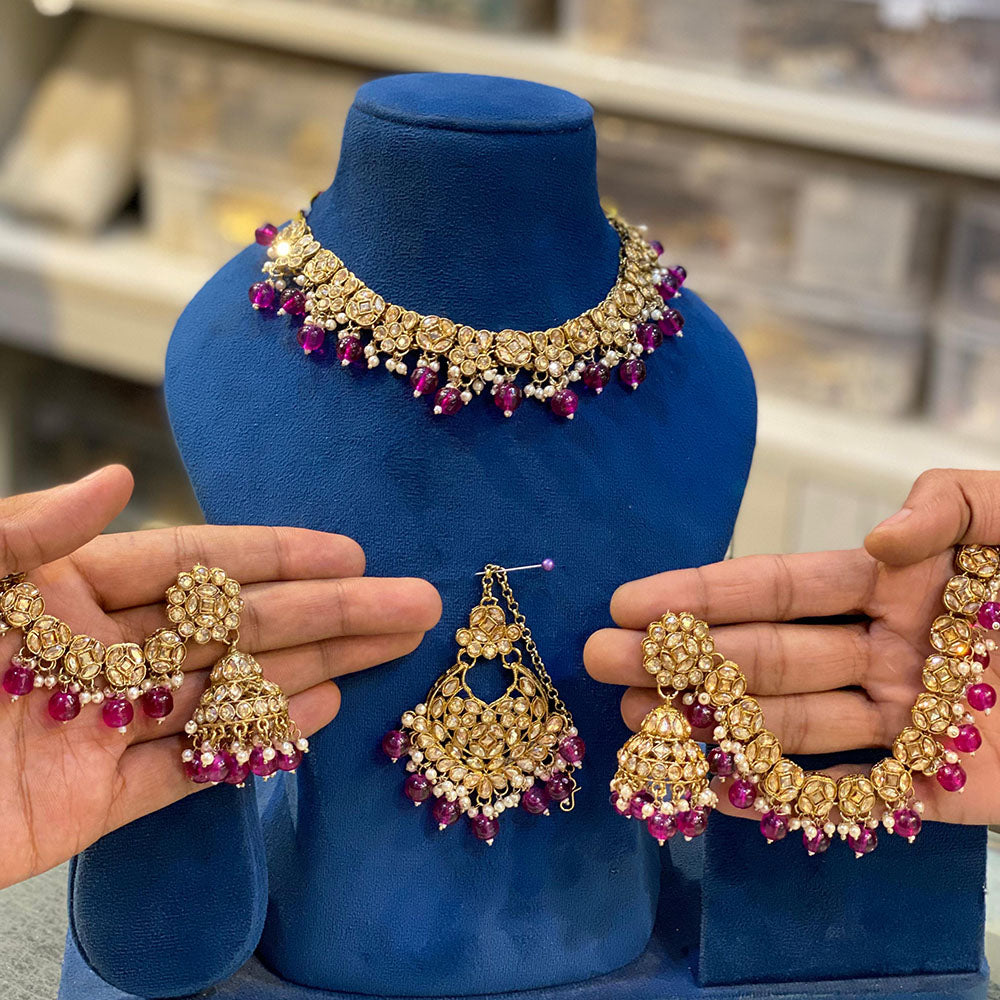 Hira Collections Gold Plated Crystal Stone And Beads Choker Necklace Set