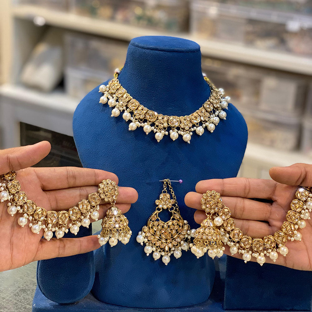 Hira Collections Gold Plated Crystal Stone And Beads Choker Necklace Set
