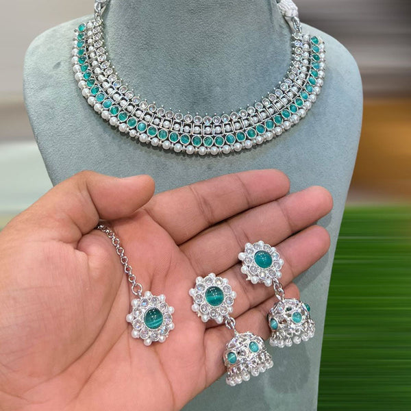 Hira Collections Silver Plated Crystal Stone And Pearls Necklace Set