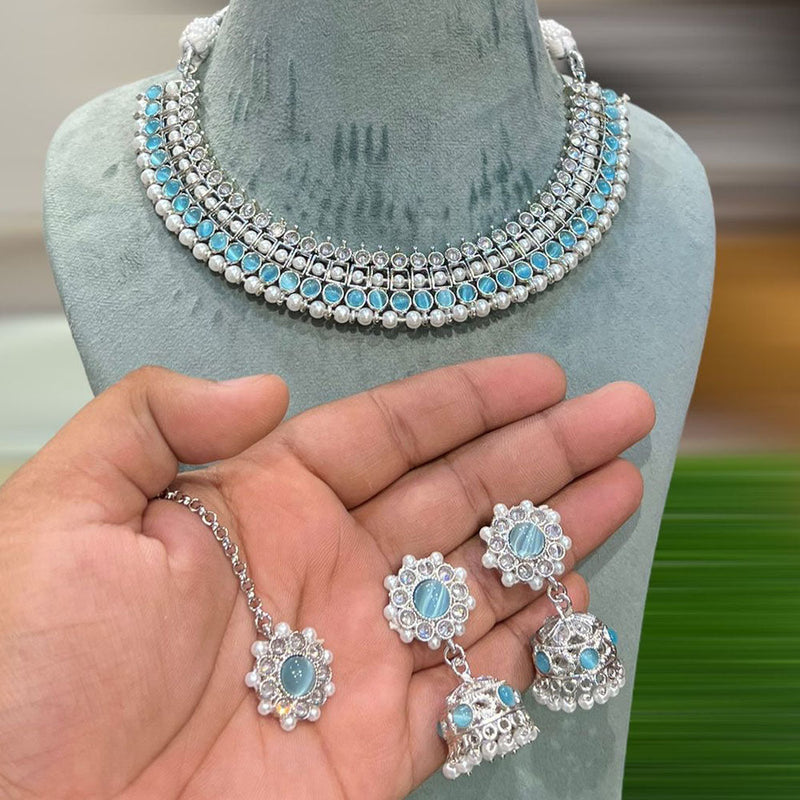 Hira Collections Silver Plated Crystal Stone And Pearls Necklace Set