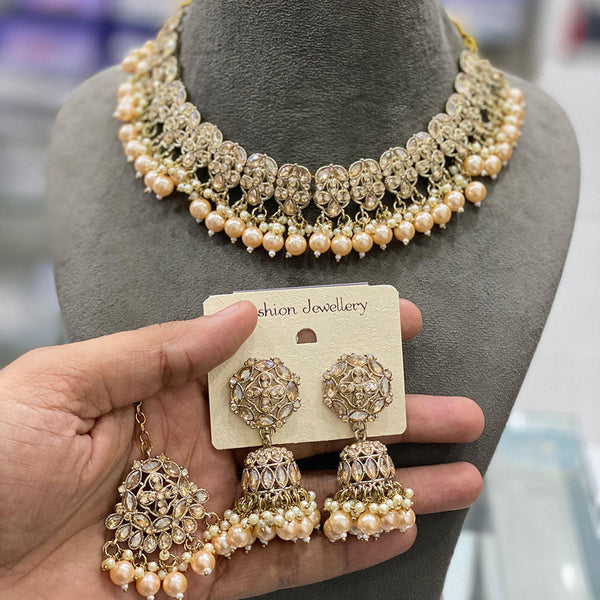 Hira Collections Gold Plated Crystal Stone And Pearls Necklace Set