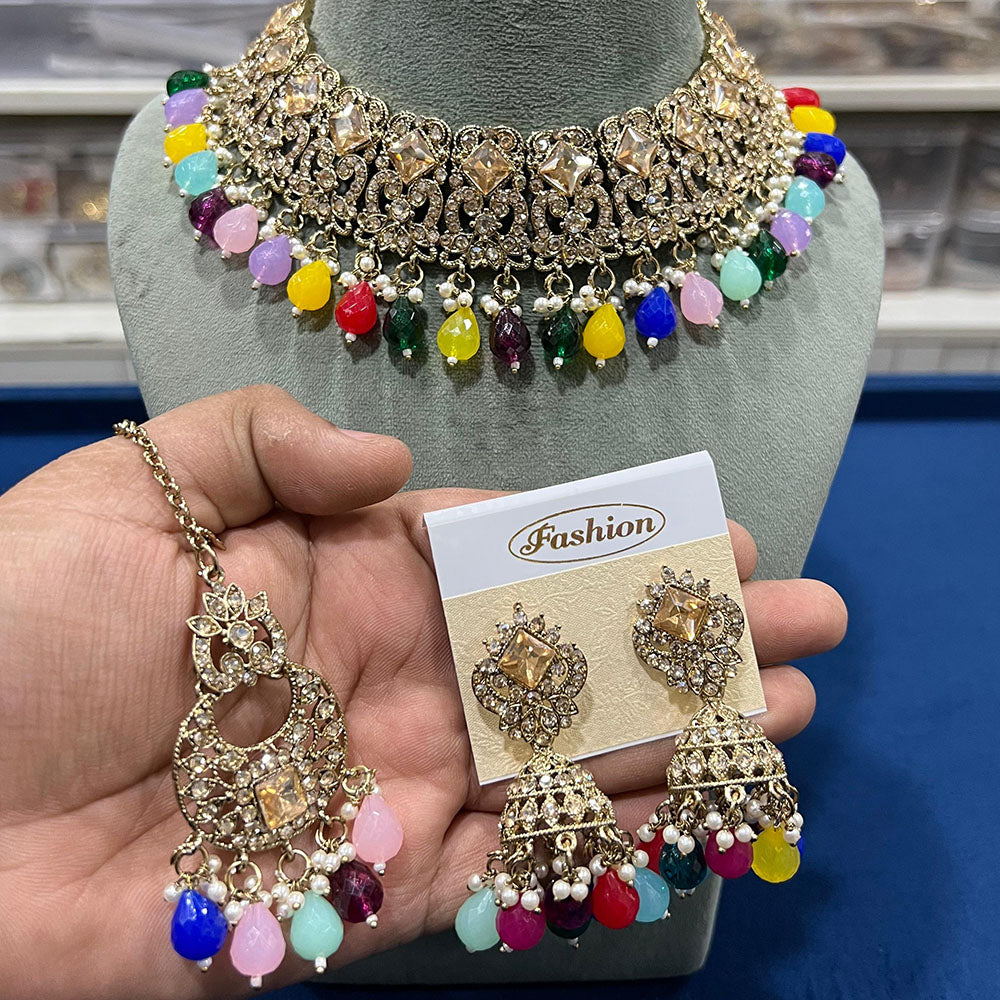 Hira Collections Gold Plated Crystal Stone And Beads Necklace Set