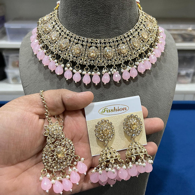 Hira Collections Gold Plated Crystal Stone And Beads Necklace Set