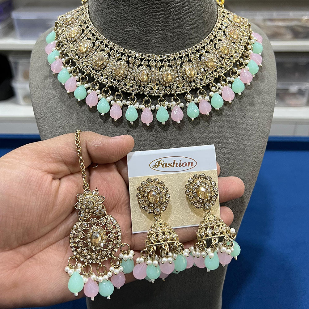 Hira Collections Gold Plated Crystal Stone And Beads Necklace Set
