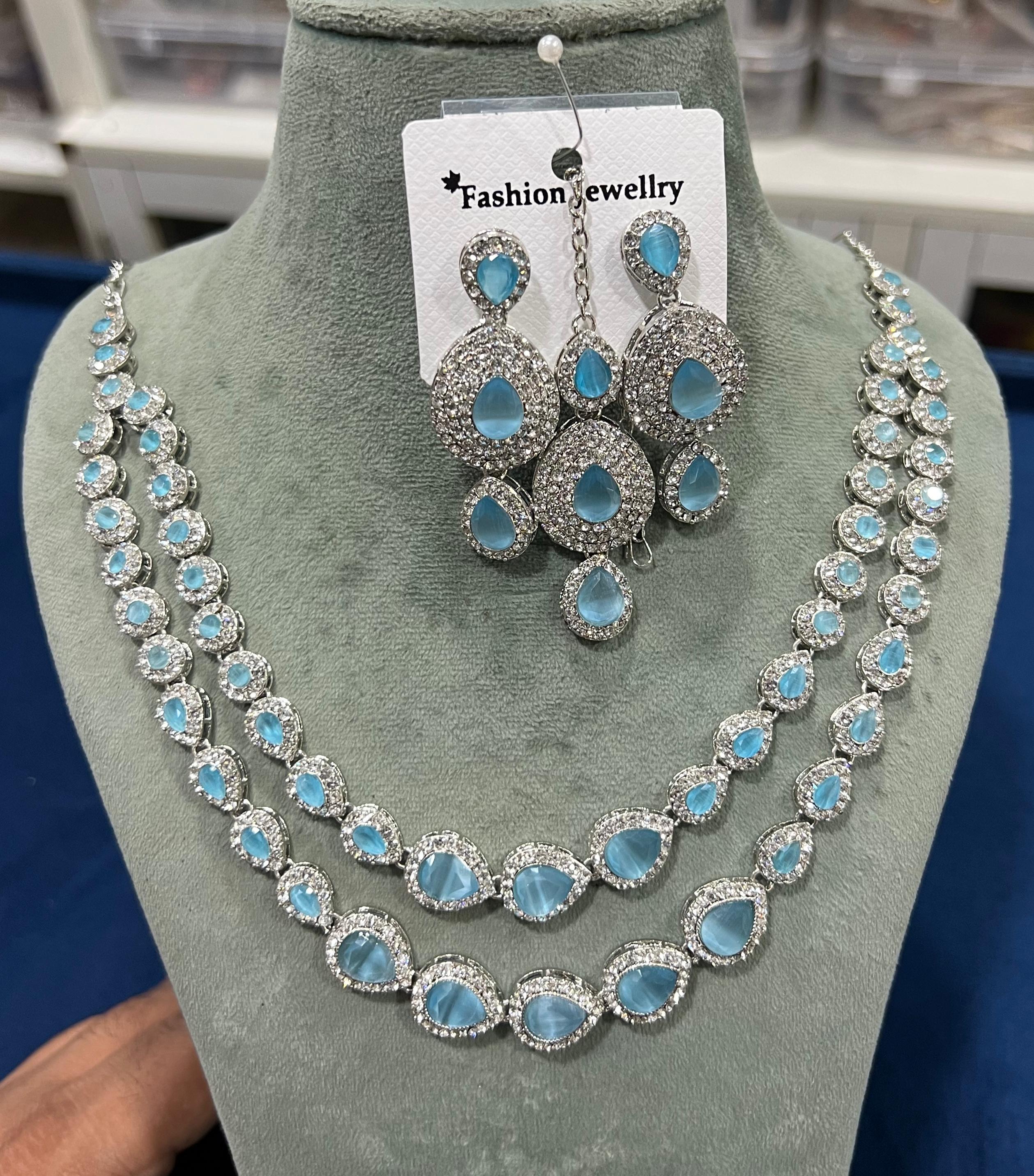 Hira Collections Silver Plated American Diamond Necklace Set