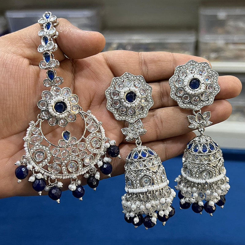 Hira Collections Silver Plated Crystal Stone And Pearls Jhumki Earrings With Maangtikka