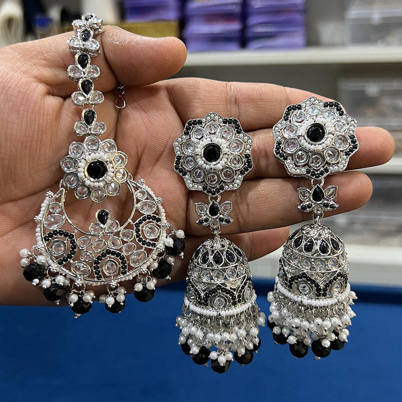 Hira Collections Silver Plated Crystal Stone And Pearls Jhumki Earrings With Maangtikka