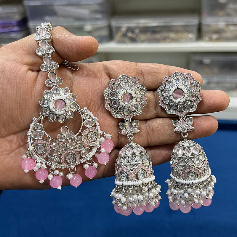 Hira Collections Silver Plated Crystal Stone And Pearls Jhumki Earrings With Maangtikka