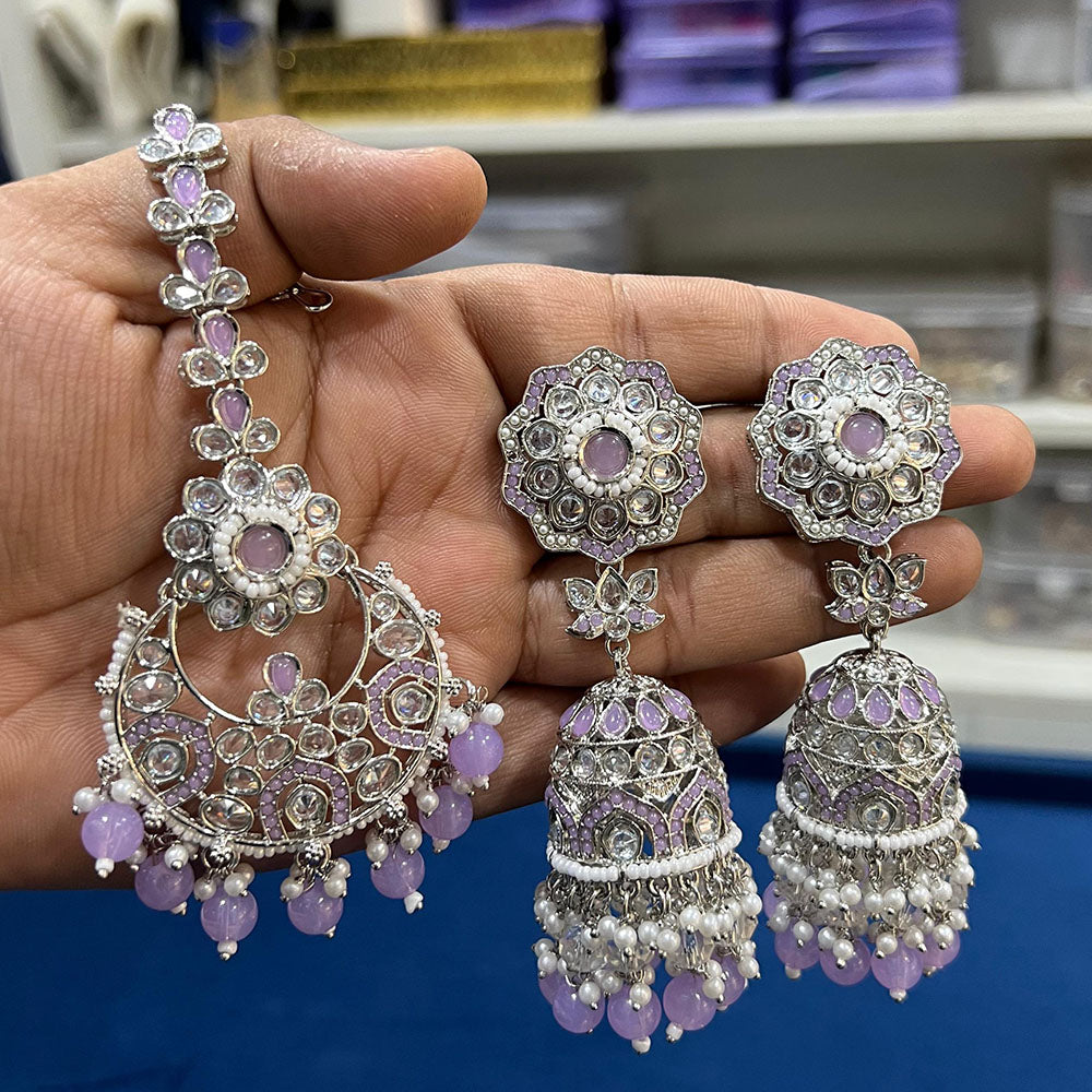 Hira Collections Silver Plated Crystal Stone And Pearls Jhumki Earrings With Maangtikka